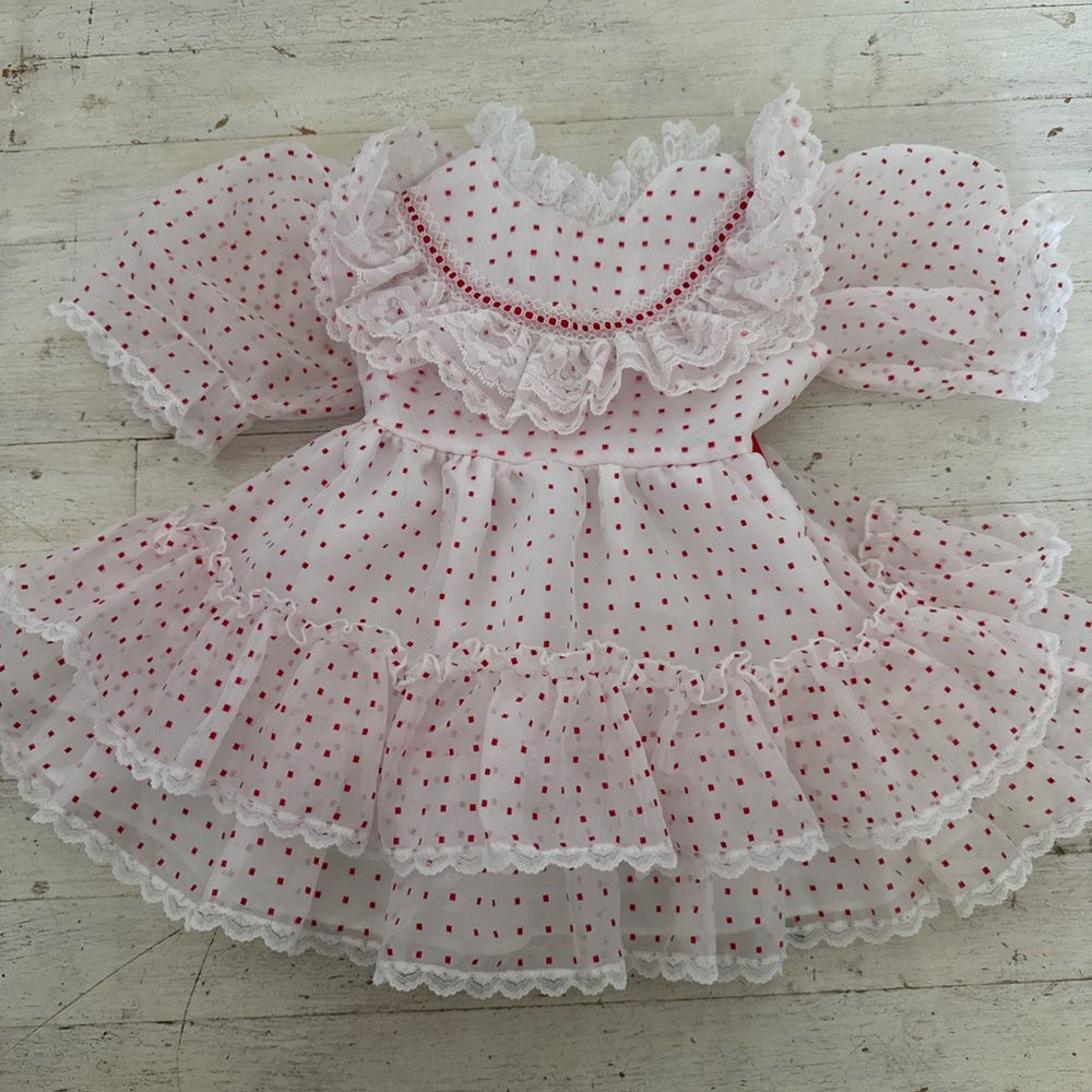 Vintage union made white with red polkadot puffy sleeve dress 2T